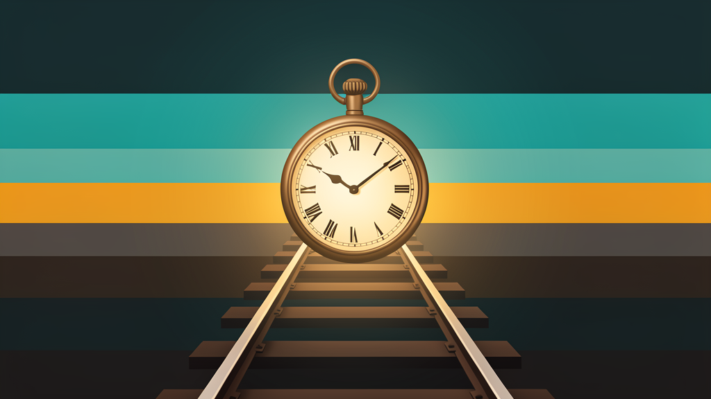 Abstract illustration of railroad tracks converging toward a clock face with time zone bands in teal and amber