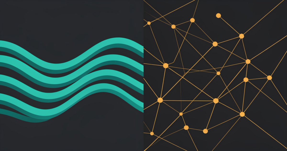 Abstract geometric composition representing async vs sync communication — split design with flowing teal shapes on one side and connected amber nodes on the other, dark charcoal background