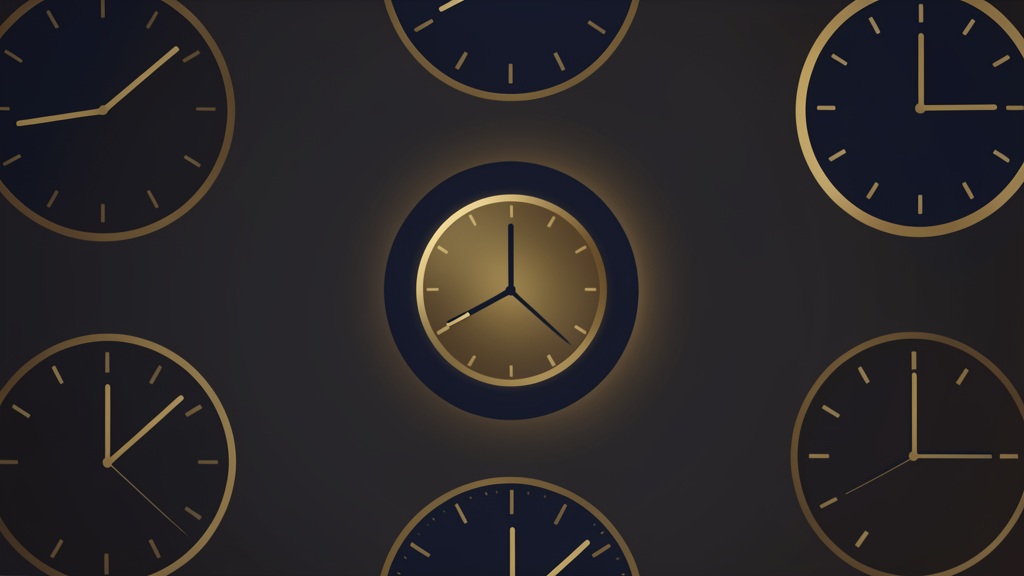 Multiple vintage clocks on dark wall with one springing forward