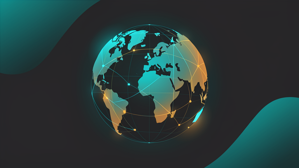 Abstract geometric design in dark charcoal, teal, and amber tones representing global coordination across time zones