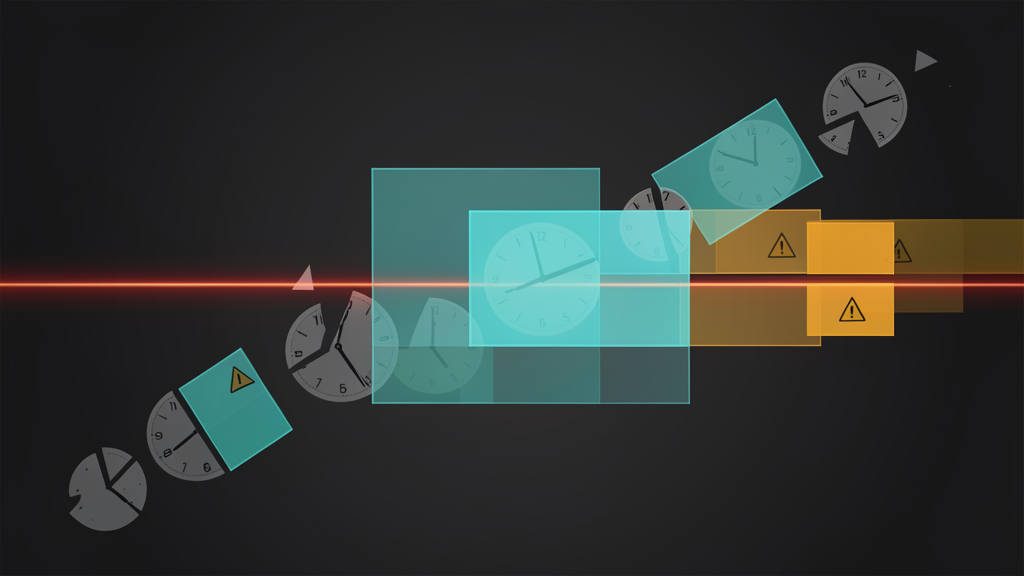Abstract geometric design — fragmented clock circles and scattered calendar cells in teal, cyan, and amber on dark charcoal, with a thin red accent line cutting horizontally