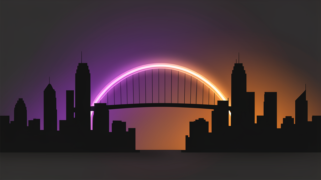 New York and India skylines with glowing time zone bridge